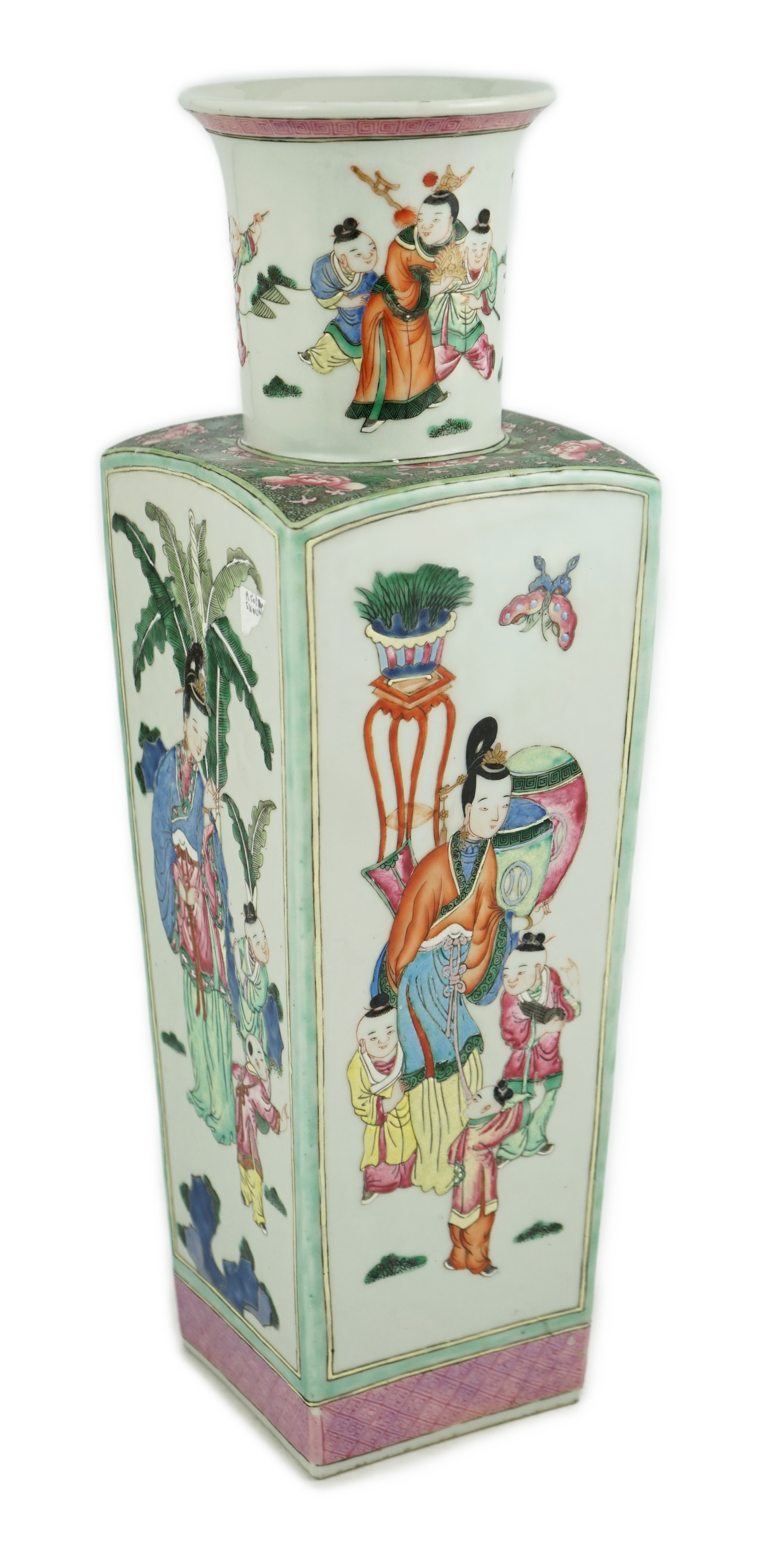 A tall Chinese famille rose square section vase, 19th century